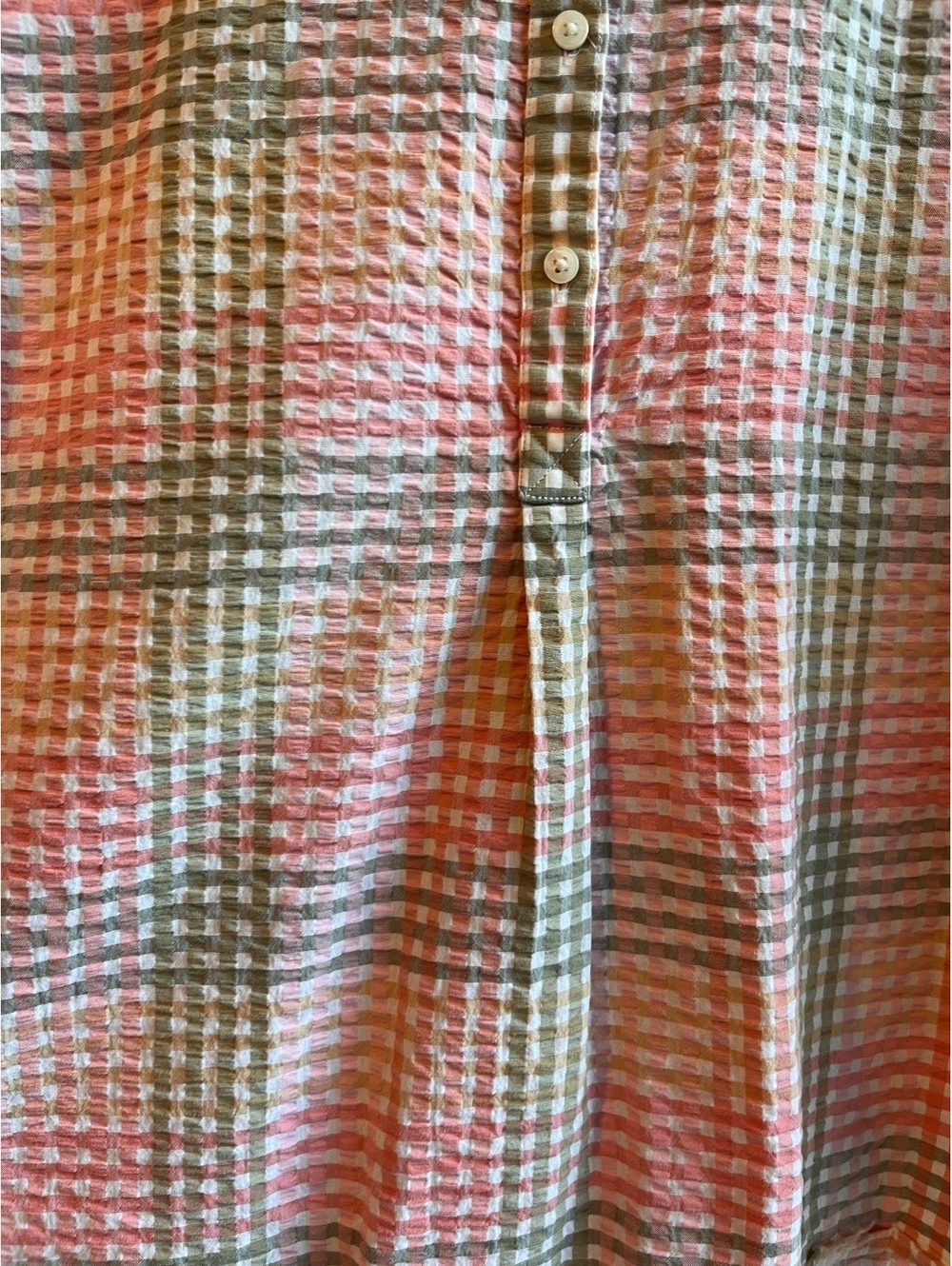 L.L.Bean Vacationland Seersucker Short Sleeve Popover Plaid Shirt Pink Green - Picture 7 of 10